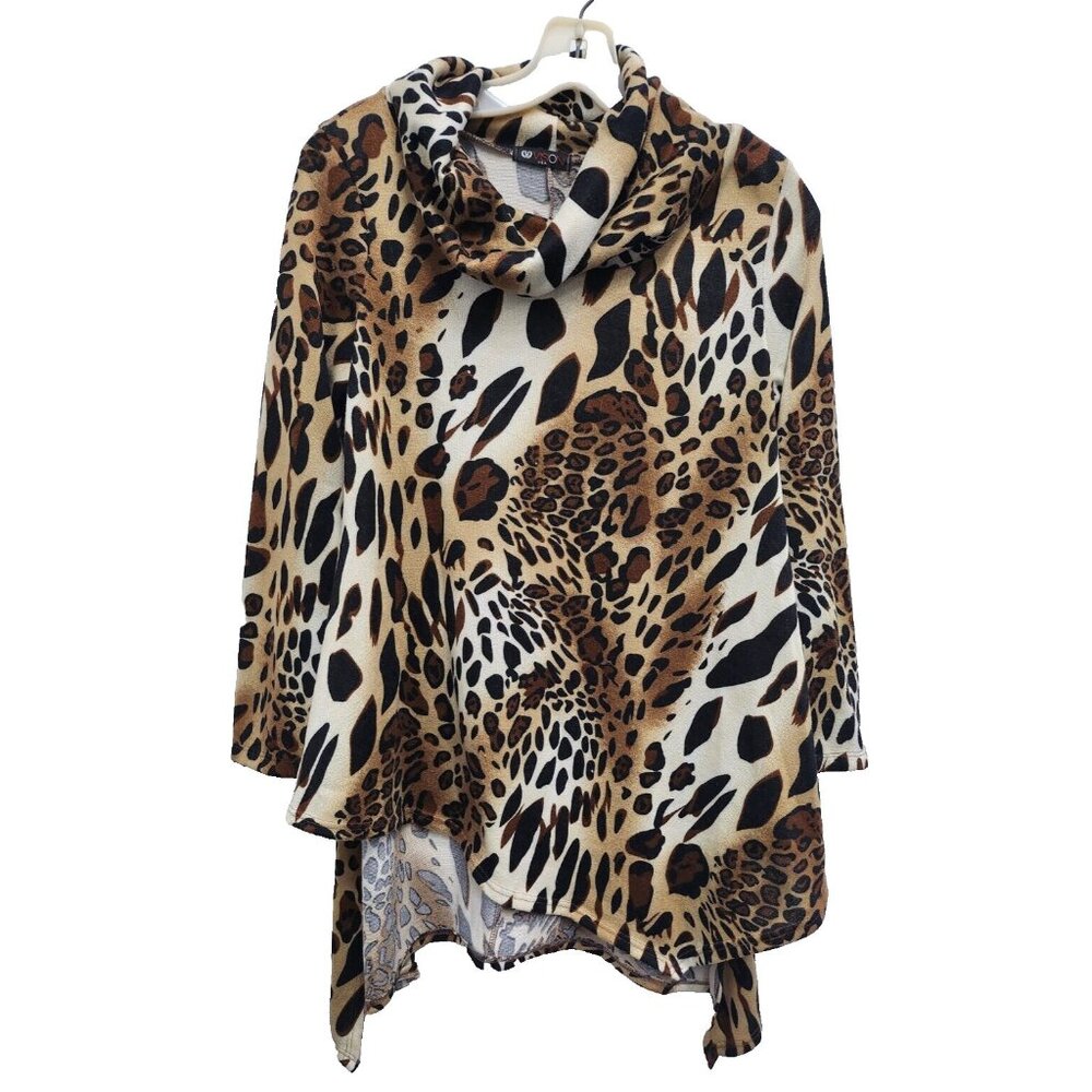 Vision USA Tunic Top Womens Small Animal Print Cowl Neck Long Sleeve BOHO Artsy‎